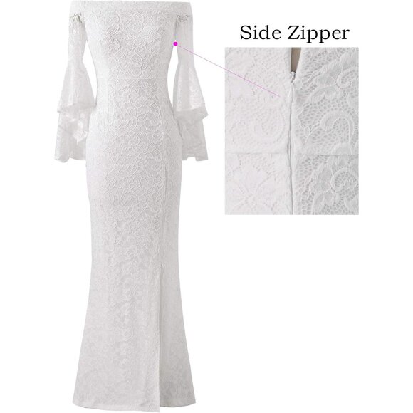 Womens Off Shoulder Bell Sleeve Formal Evening Wedding Party Maxi Dress - Picture 6 of 7